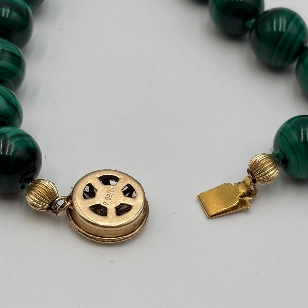 Vintage Natural Malachite Beaded Necklace with 14K Gold-Filled Filigree Clasp
