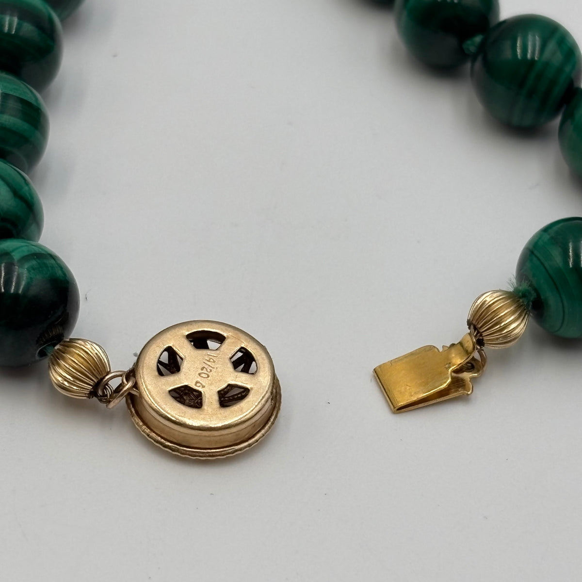 Vintage Natural Malachite Beaded Necklace with 14K Gold-Filled Filigree Clasp