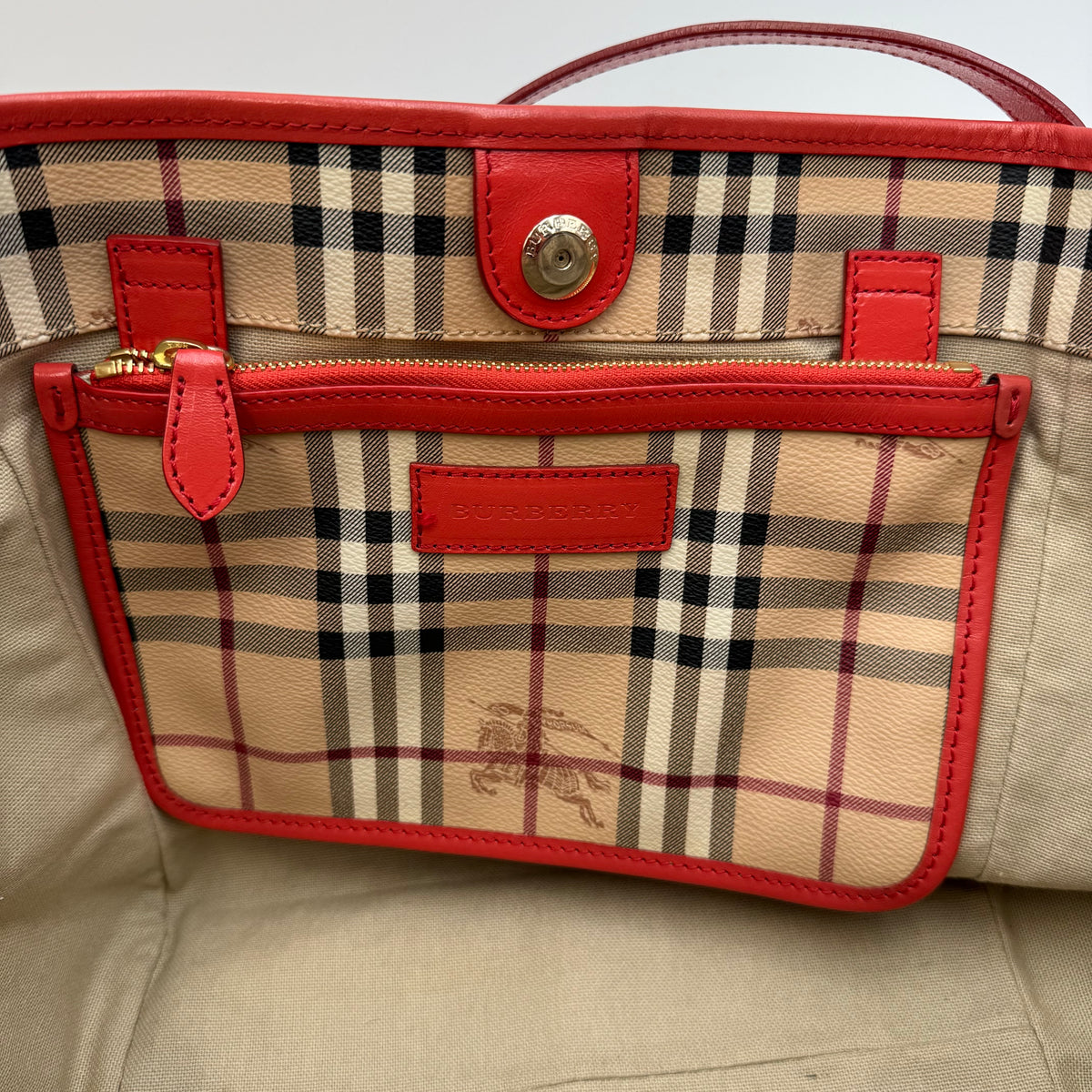Burberry Haymarket Check Large Shopper Tote with Red Leather Trim