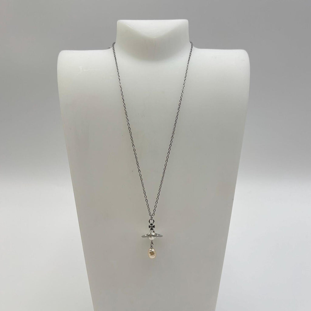 Vivienne Westwood Aleksa Orb Pearl Drop Pendant Necklace Silver Crystal