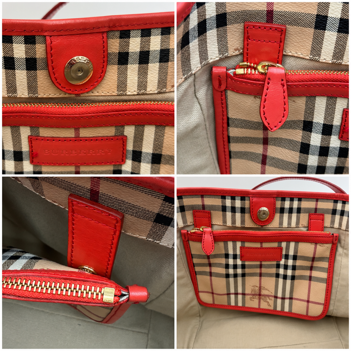 Burberry Haymarket Check Large Shopper Tote with Red Leather Trim