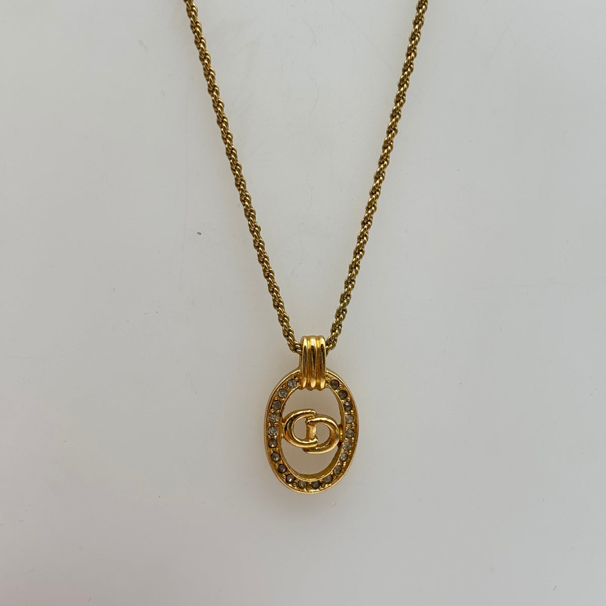 Christian Dior Gold CD Logo Oval Rhinestone Pendant Necklace