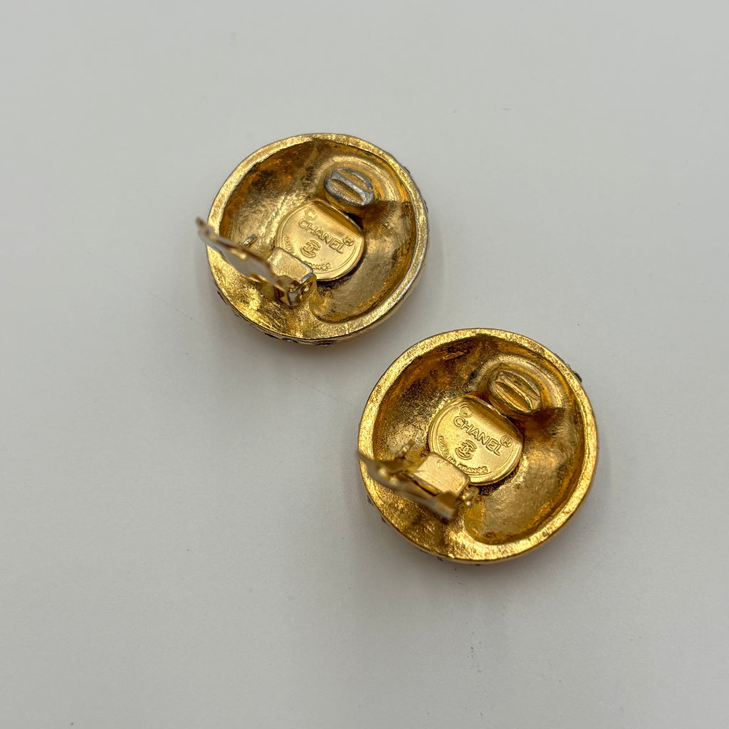 Chanel Gold-Tone Logo Mania Rhinestone Round Clip-On Earrings