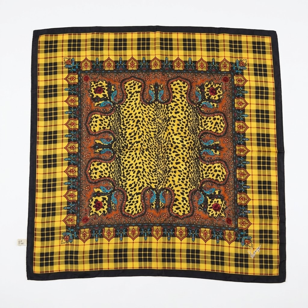 Kenzo Vintage Leopard & Plaid Square Scarf