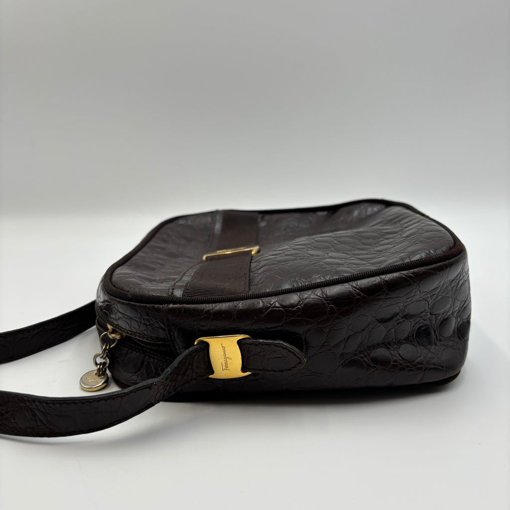 Salvatore Ferragamo Vara Croc-Embossed Leather Crossbody Bag in Dark Brown