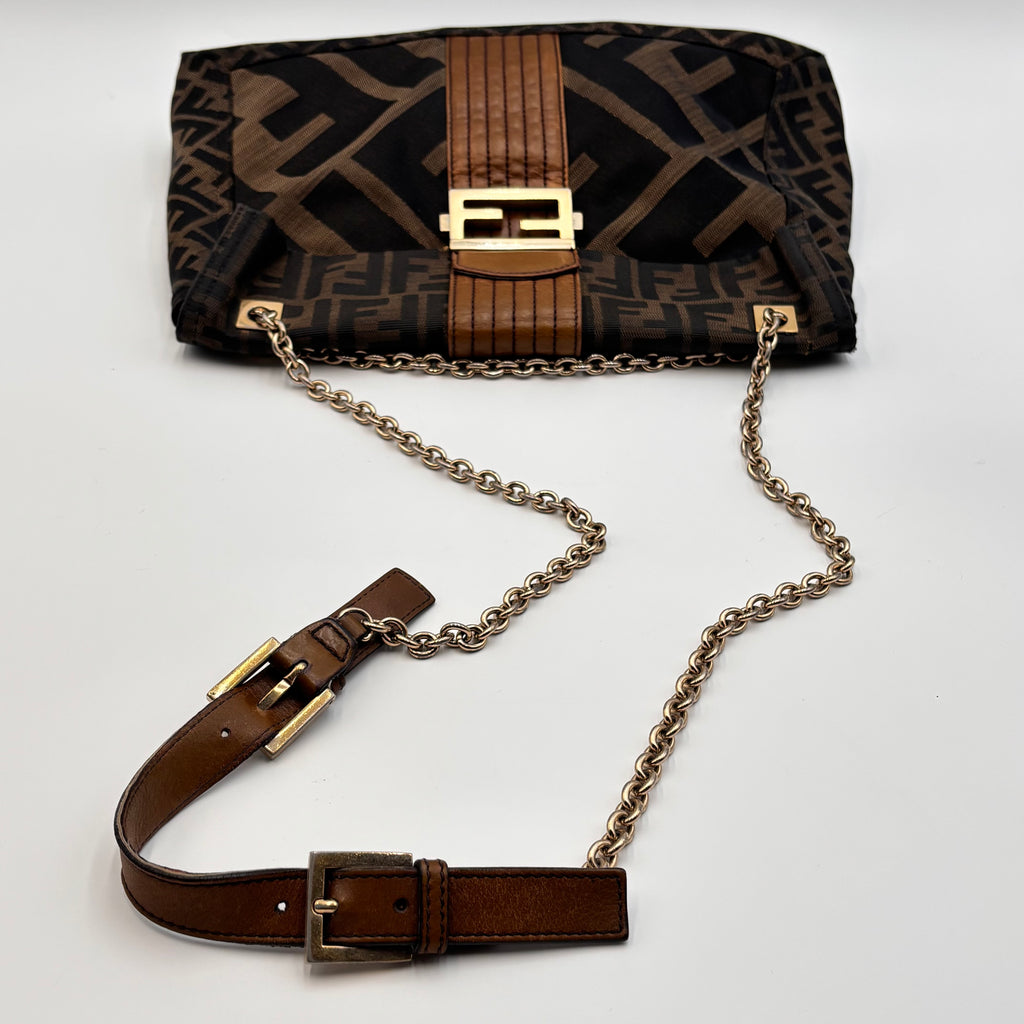 Fendi Zucca FF Canvas Shoulder Bag Brown Gold Hardware