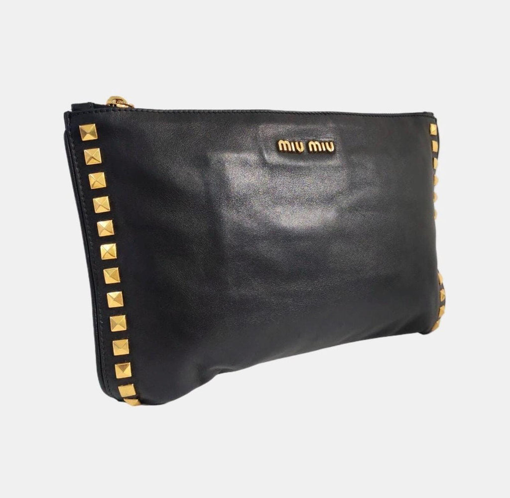 Miu Miu Black Leather Printed Studded Pouch Clutch