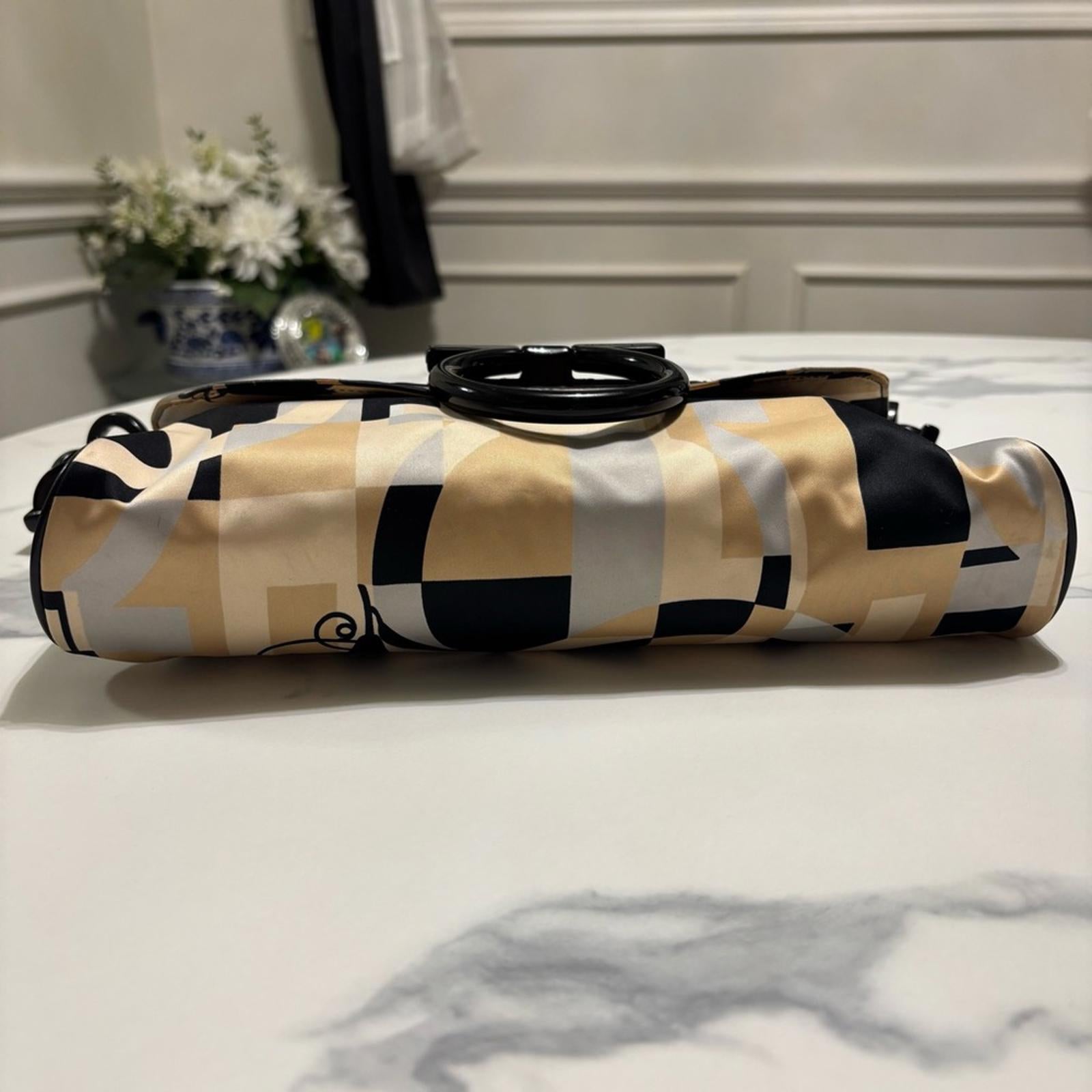 SALVATORE FERRAGAMO MULTICOLOR PRINTED SATIN & LEATHER GANCIINI FLAP BAG