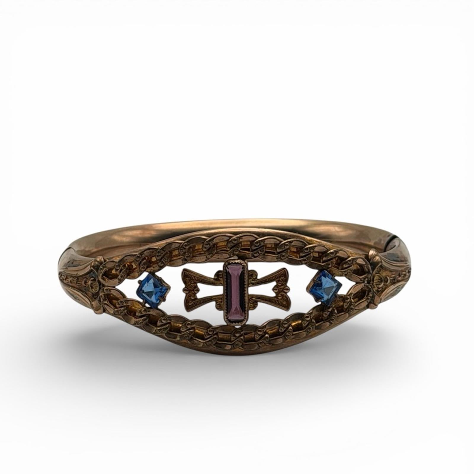 Antique Style Gold Tone Amethyst & Blue Stone Filigree Bangle Bracelet