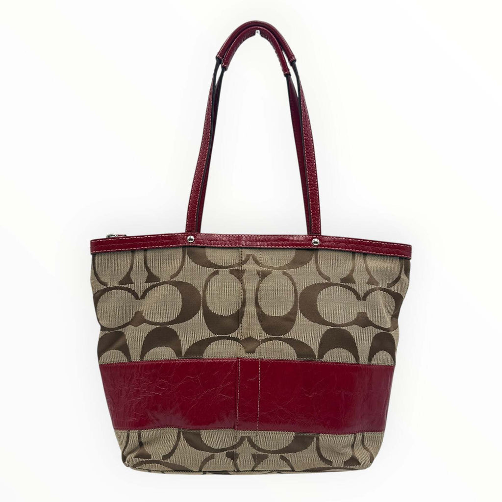 Coach Signature Jacquard Burgundy Leather Tote Bag by Coach