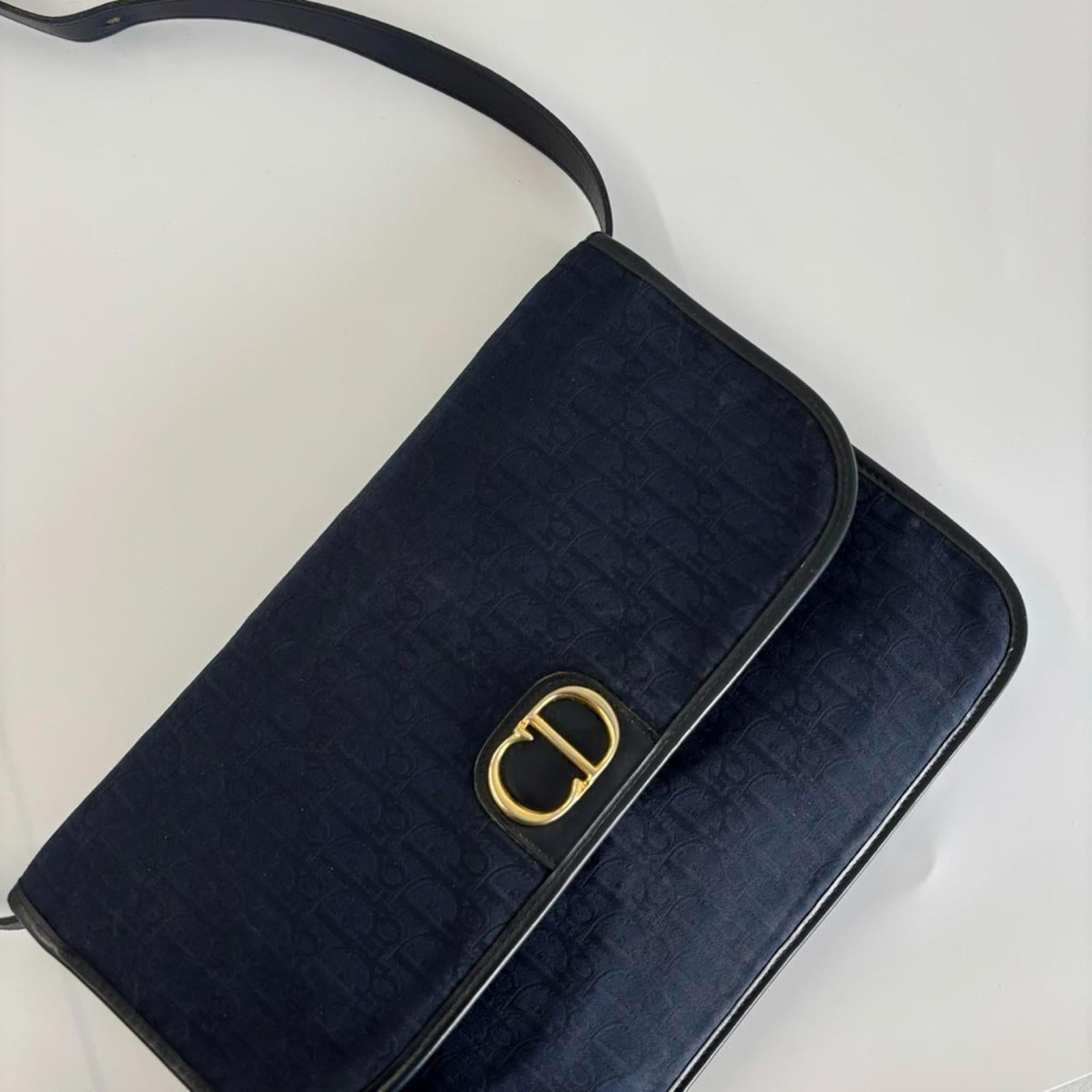 CHRISTIAN DIOR Vintage Navy Trotter Jacquard Chain Shoulder Bag