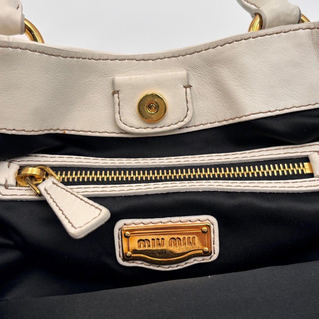 Miu Miu White Leather Studded Tote Bag With Strap