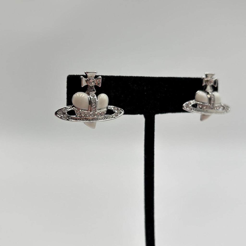 Vivienne Westwood Diamante Heart Orb Crown Stud Earrings Silver Tone