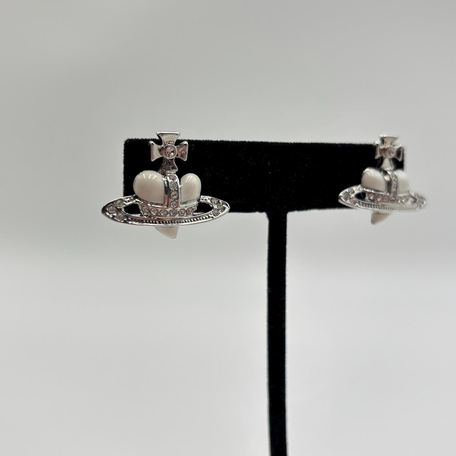 Vivienne Westwood Diamante Heart Orb Crown Stud Earrings Silver Tone