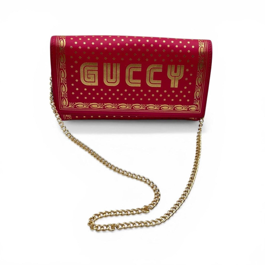 Gucci Pink Gold Print Chain Wallet Crossbody Clutch