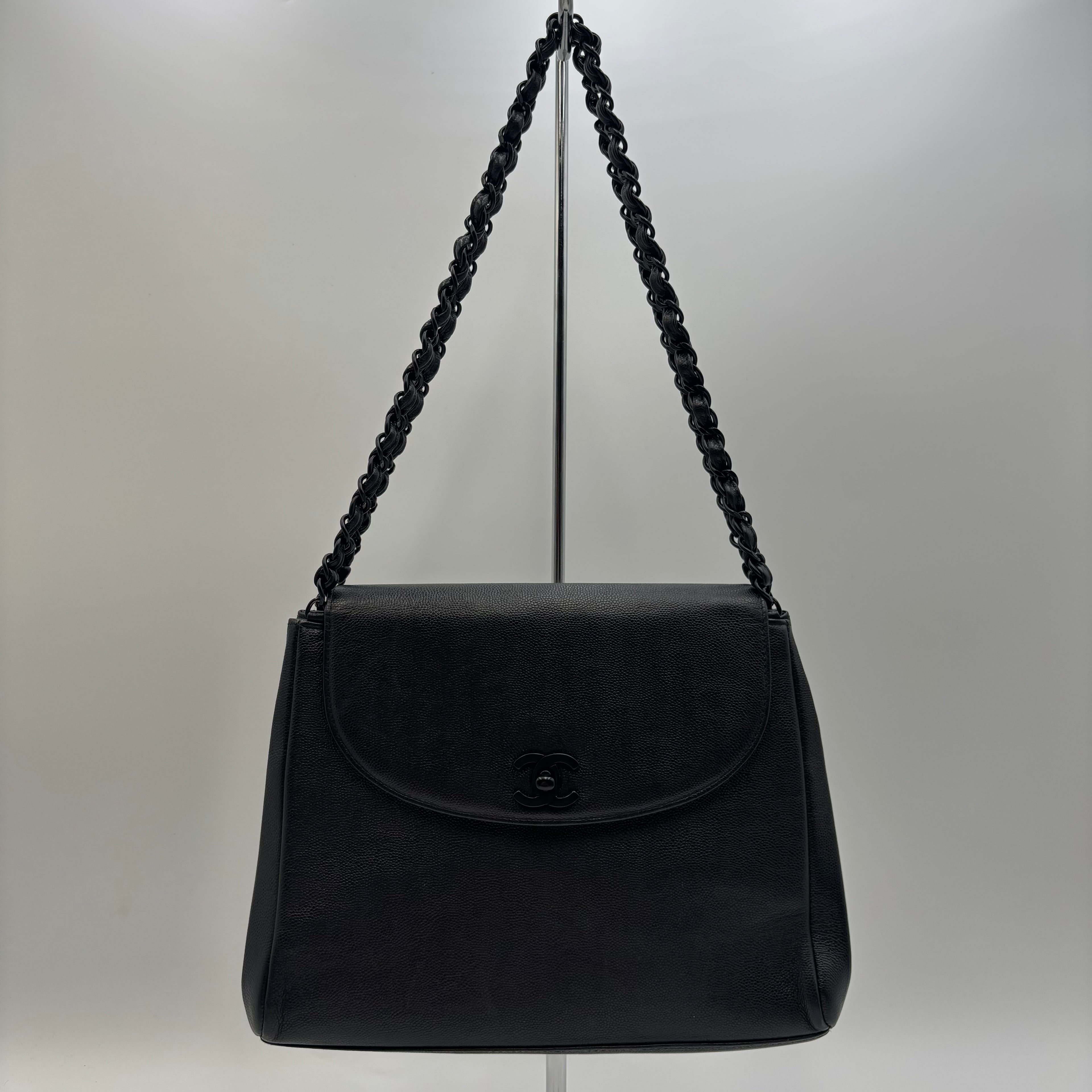 Chanel Black Caviar Leather Monochrome CC Chain Shoulder Bag 1990s