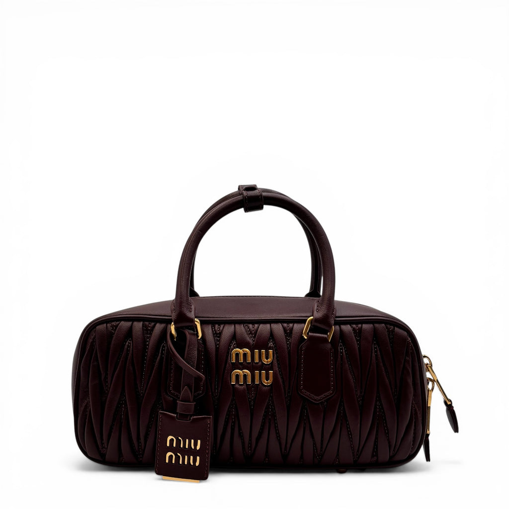 Miu Miu Arcadie Burgundy Matelassé Leather Top Handle Boston Bag With Strap