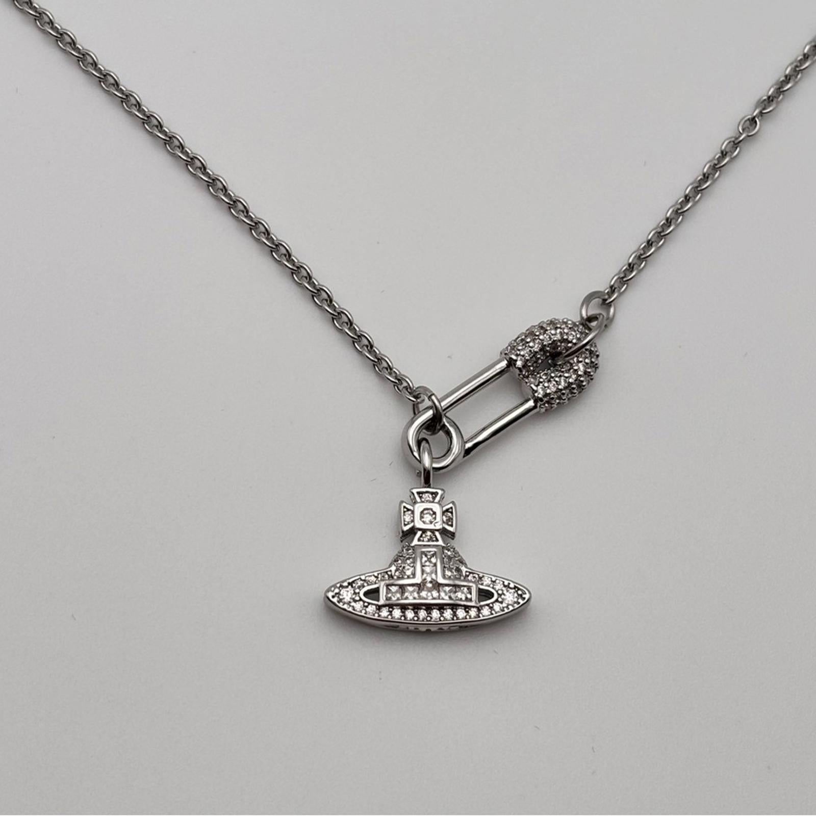 Vivienne Westwood Crystal Orb Safety Pin Necklace – Silver Tone