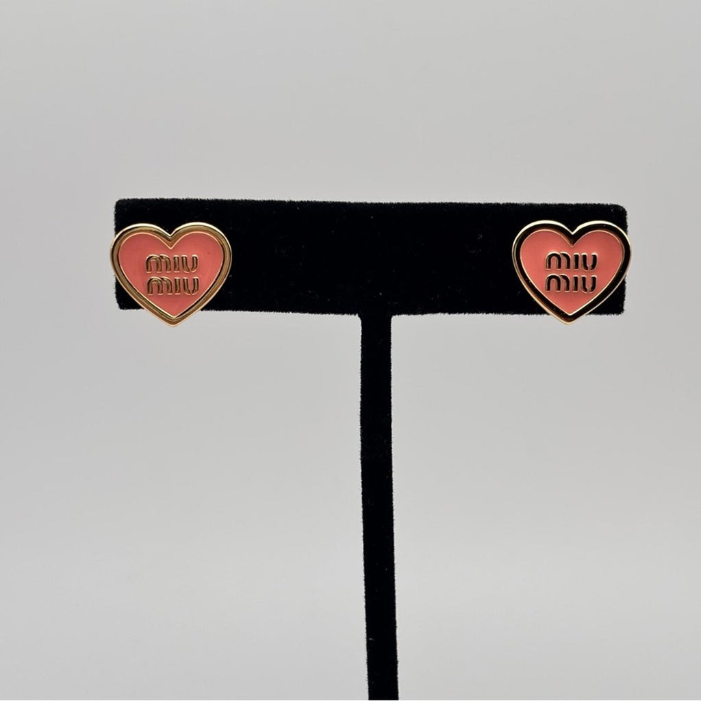 Miu Miu Pink Heart Logo Enamel Gold-Tone Stud Earrings