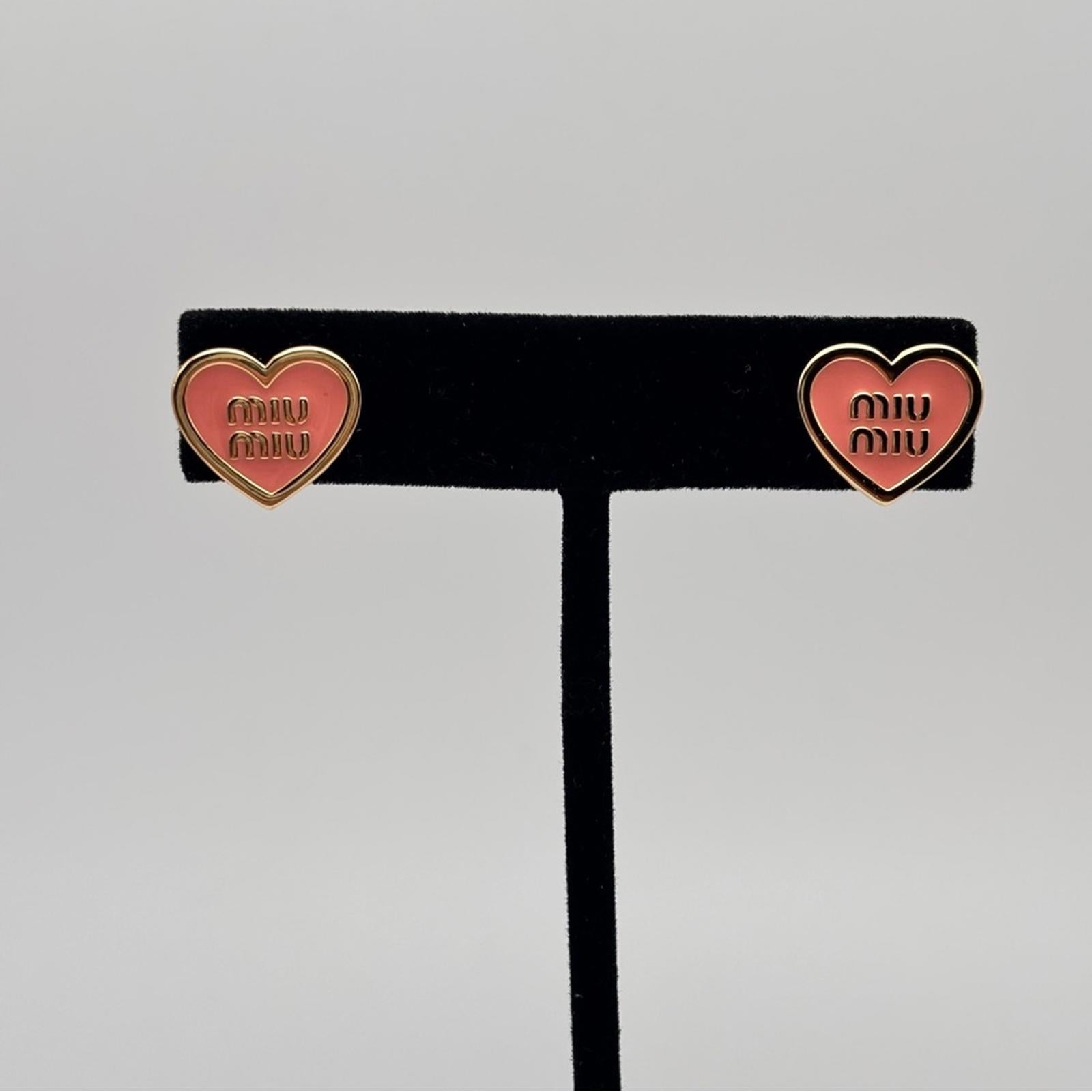 Miu Miu Pink Heart Logo Enamel Gold-Tone Stud Earrings