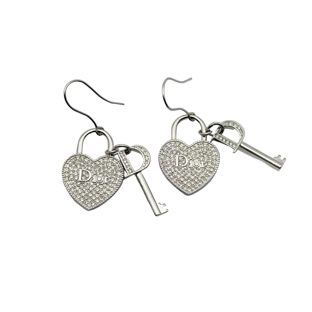 CHRISTIAN DIOR PAVÉ HEART & KEY DROP EARRINGS – SILVER TONE