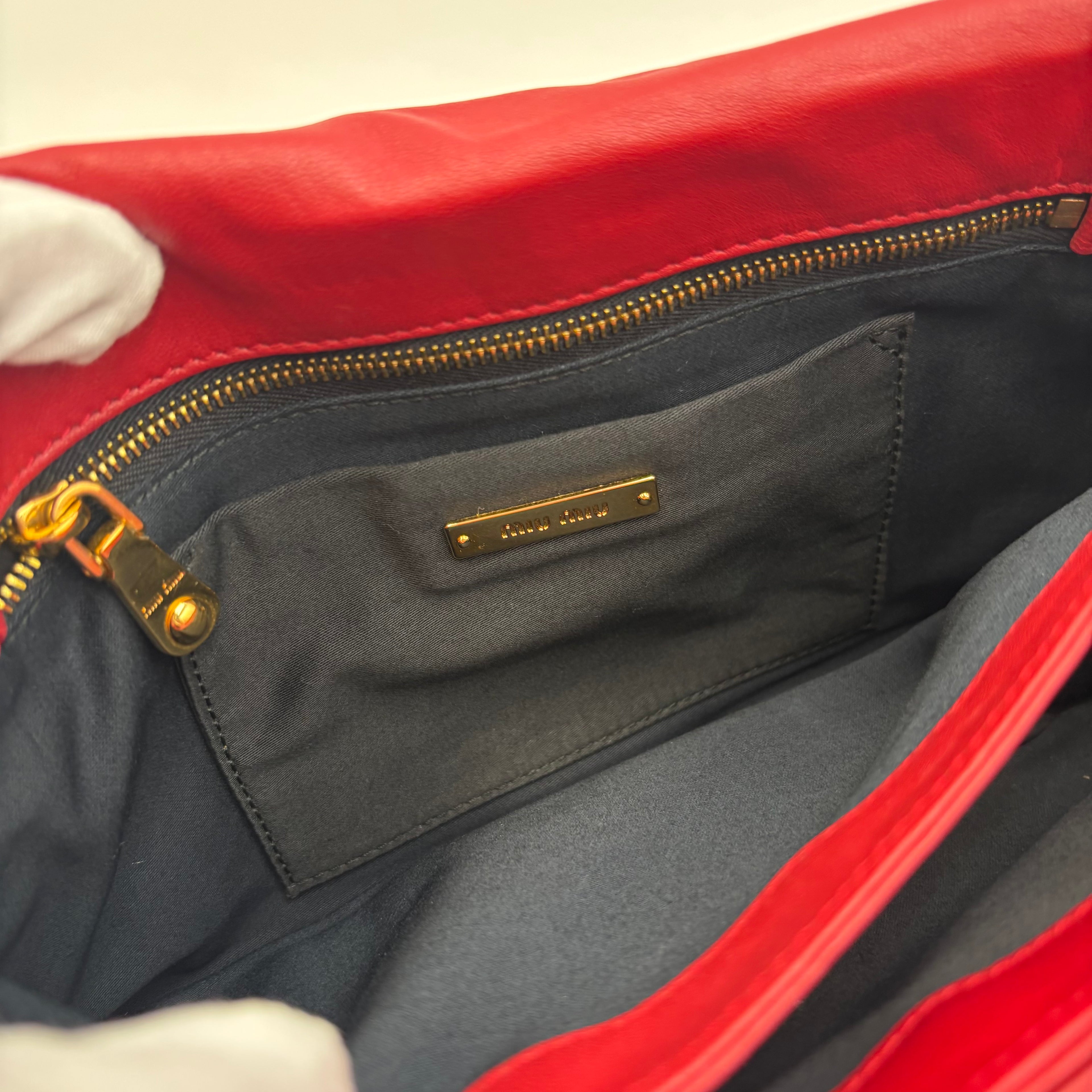 Miu Miu Vitello Lux Red Leather Crystal Chain Clutch Shoulder Bag