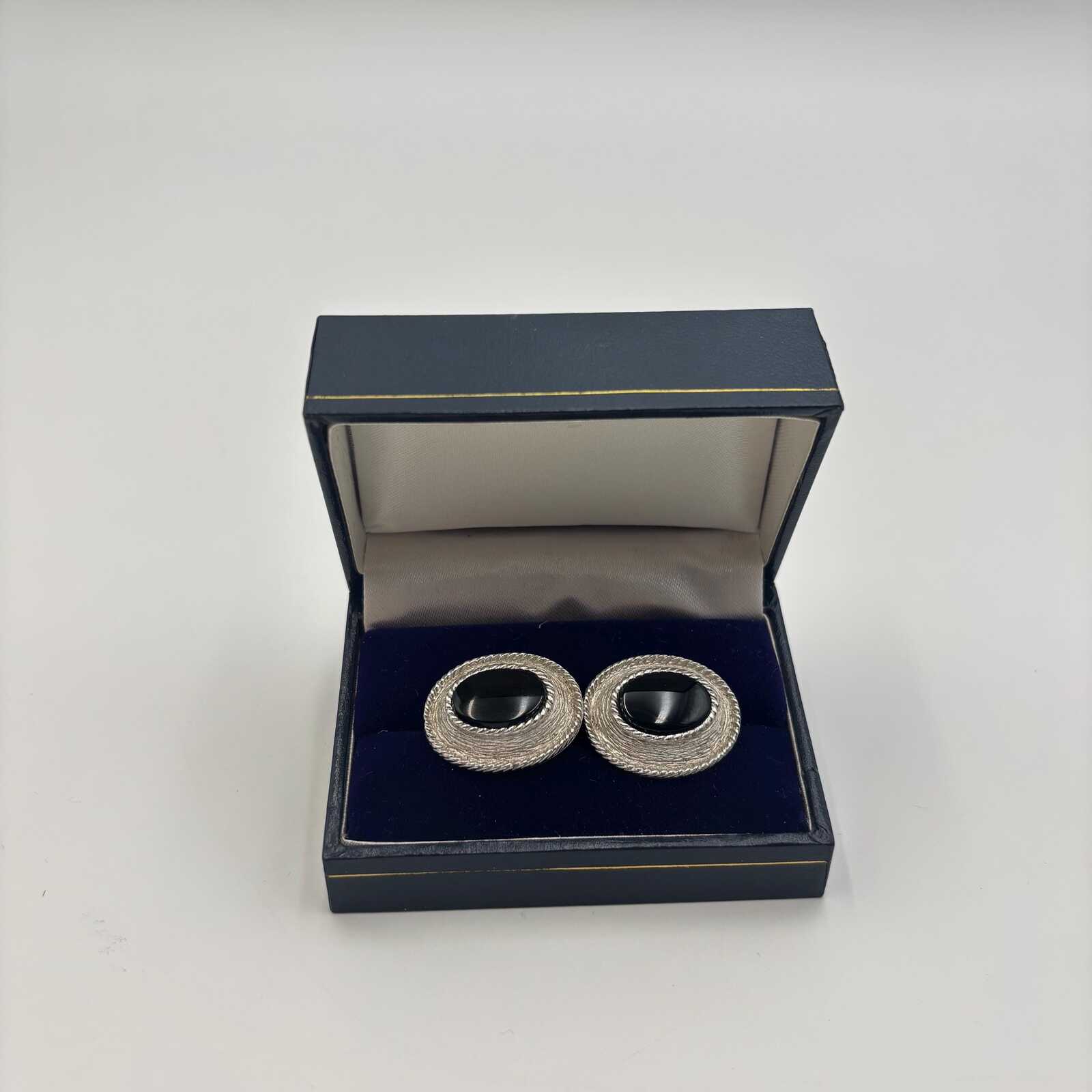 Christian Dior Silver Tone Oval Cufflinks with Black Cabochon