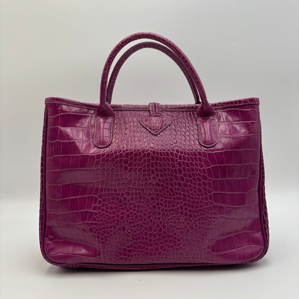 Longchamp Roseau Croc-Embossed Leather Tote in Fuchsia Pink