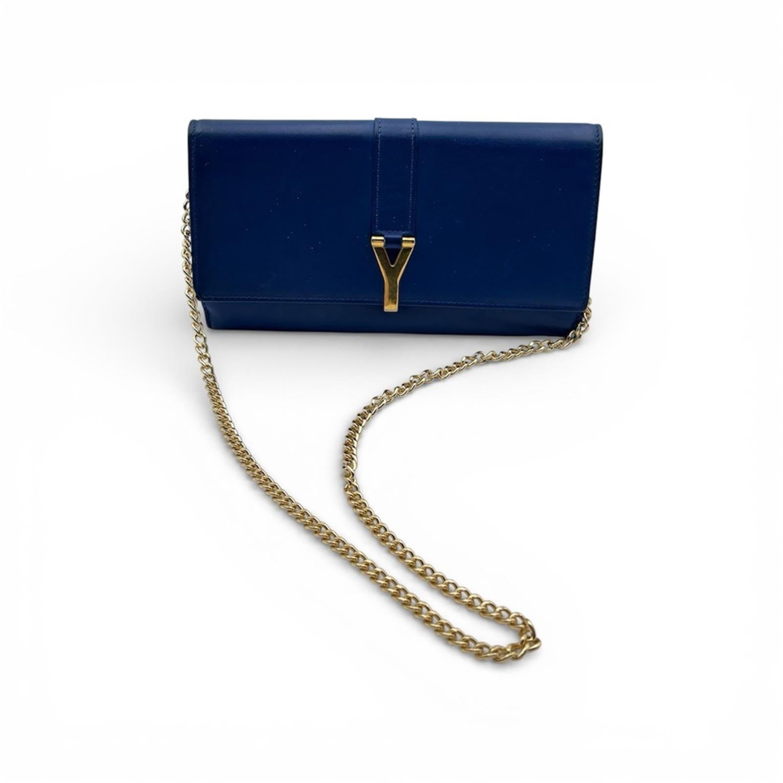 Saint Laurent Y-Chic Authentic Royal Blue Leather Zip Wallet On Chain