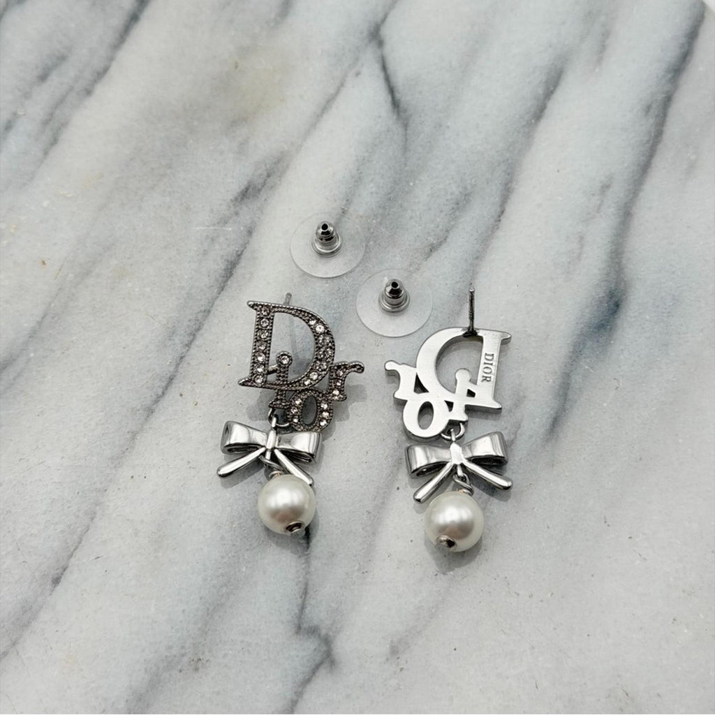 Christian Dior Logo Pearl Bow Drop Earrings Silver Tone