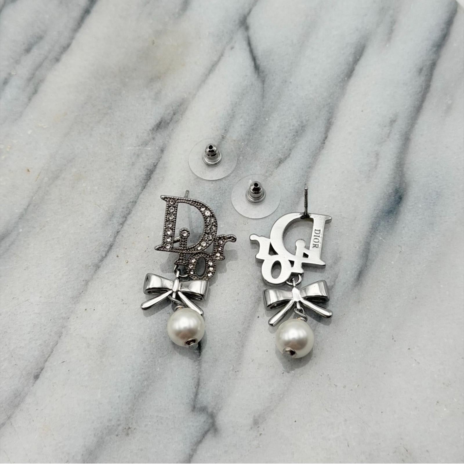 Christian Dior Logo Pearl Bow Drop Earrings Silver Tone