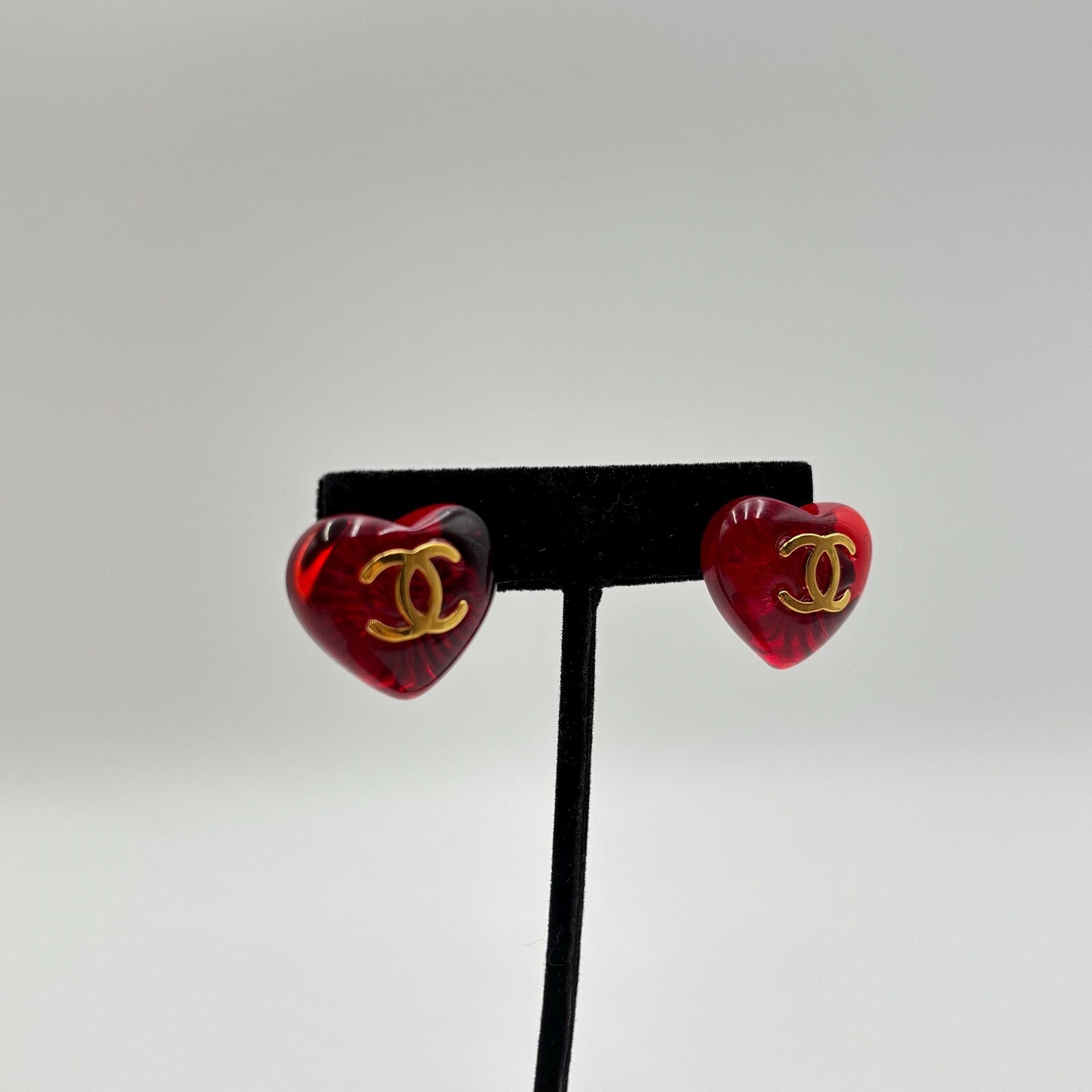 Chanel Vintage Red Resin Heart CC Stud Earrings Gold Tone