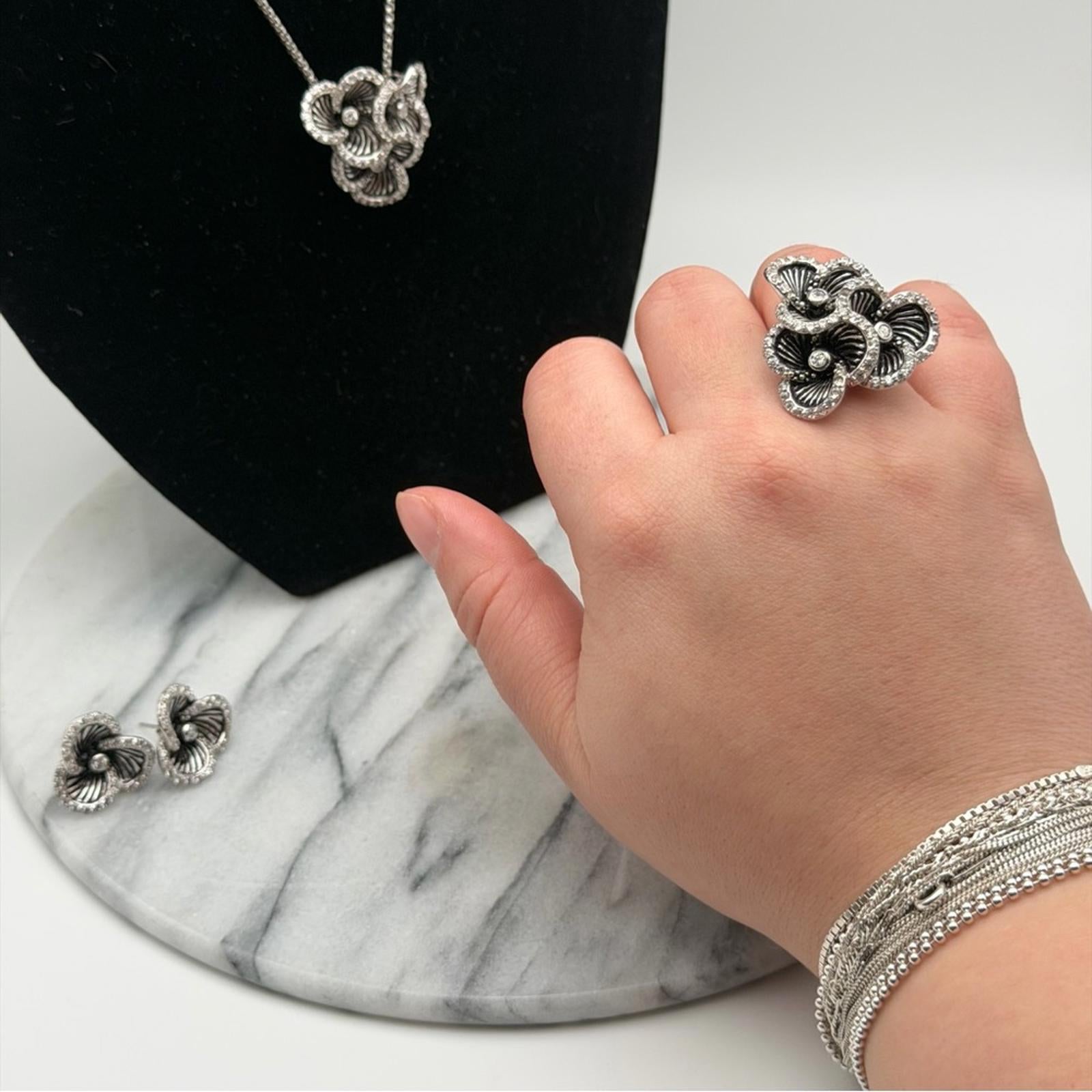 Tocara Sterling Silver Floral Necklace, Ring & Earrings Set – Made In Italy