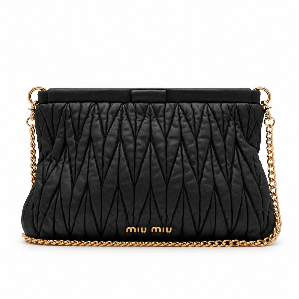 Miu Miu Matelassé Black Leather Clutch with Gold Chain 2000s