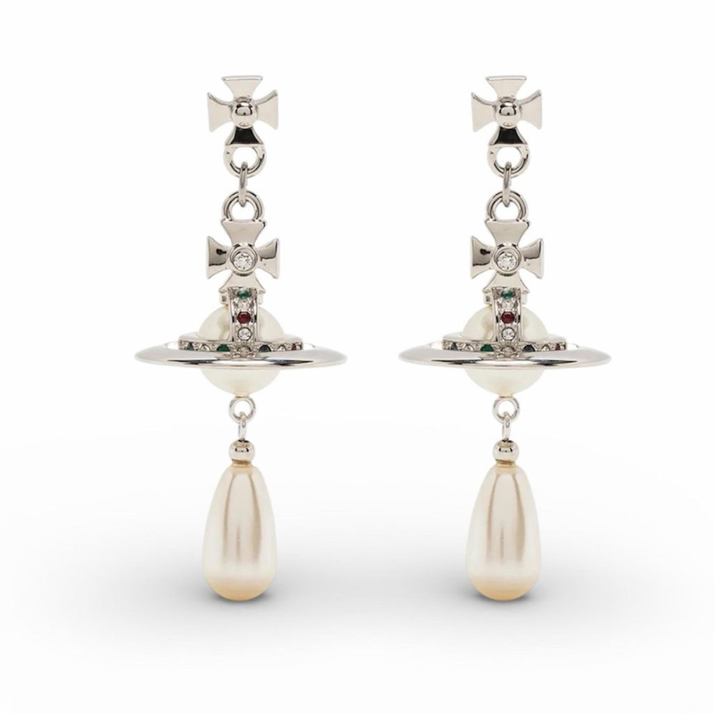 Vivienne Westwood Pearl Drop Earrings – Saturn Orb – Silver Tone