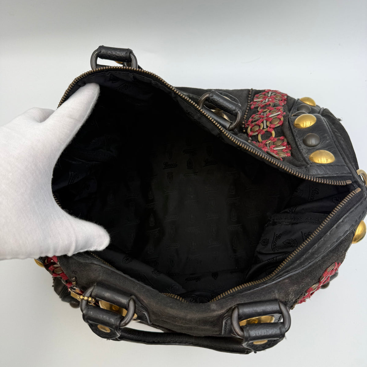 Gucci Babouska Embellished Black Suede Boston Bag by Frida Giannini – circa 2008