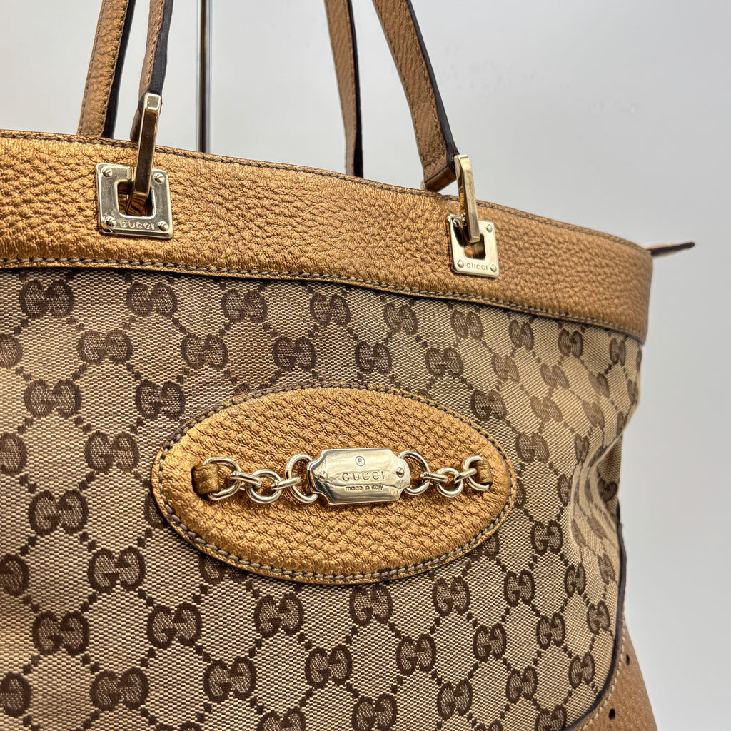 Gucci by Frida Giannini GG Canvas Punch Tote Metallic Bronze 2000s