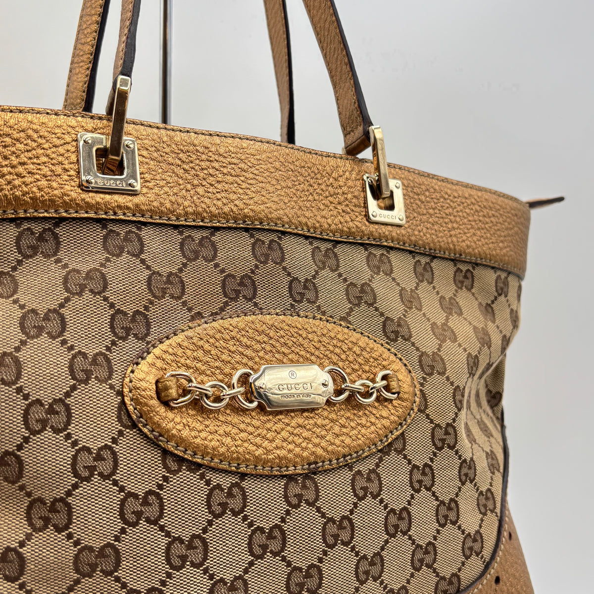 Gucci by Frida Giannini GG Canvas Punch Tote Metallic Bronze 2000s