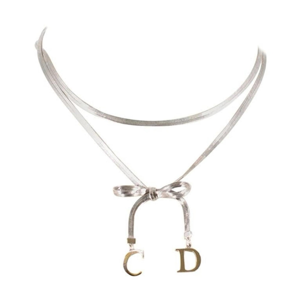Christian Dior CD Bow Charm Necklace Silver Tone Double Chain