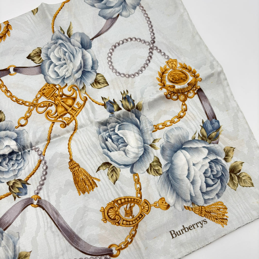 Burberrys Blue Rose & Gold Chain Square Scarf 23” – 1980s–1990s