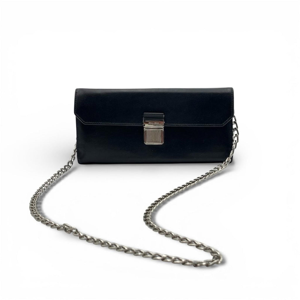 Miu Miu Black Leather Wallet On Chain Crossbody Shoulder Bag