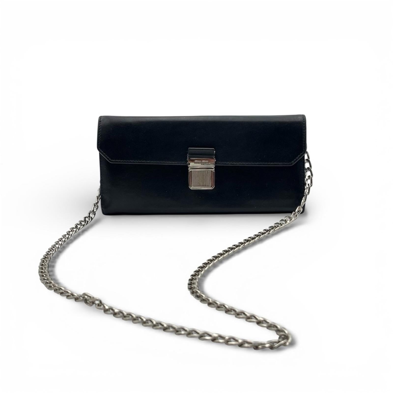 Miu Miu Black Leather Wallet On Chain Crossbody Shoulder Bag