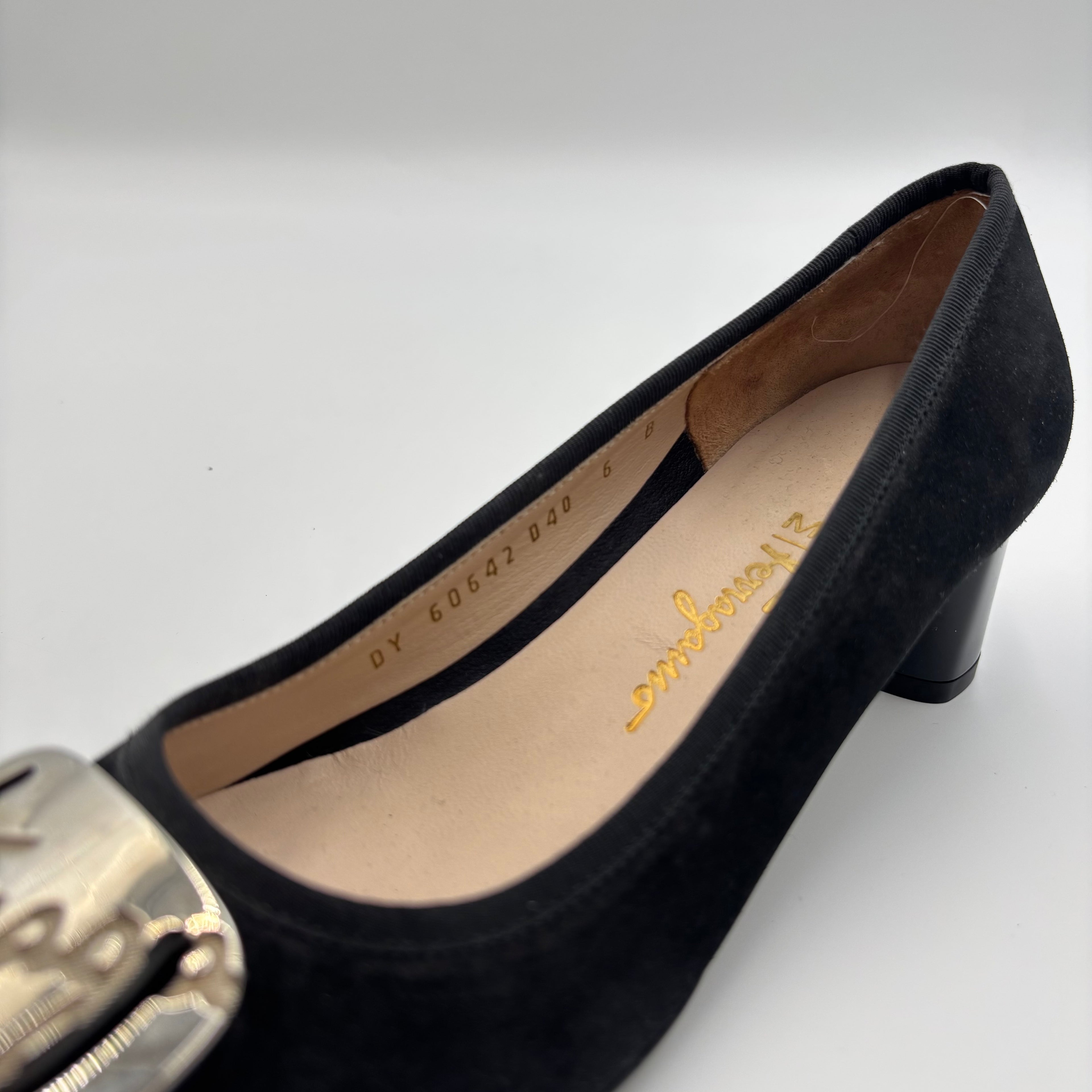 Salvatore Ferragamo My Ferragamo Black Suede Block Heel Pumps