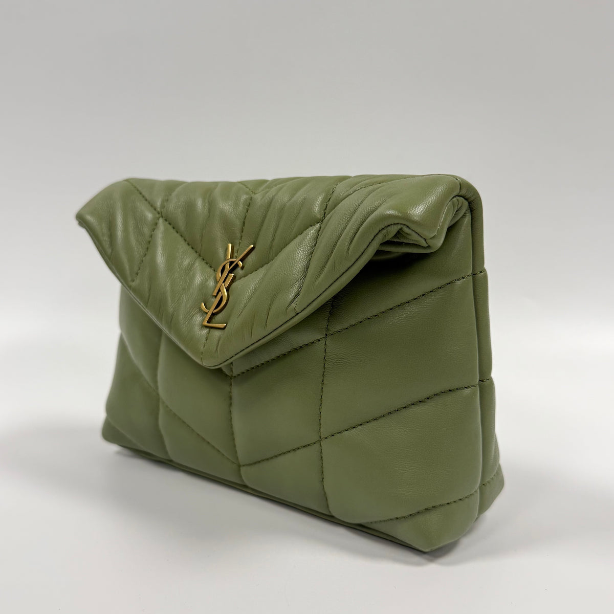 Saint Laurent Loulou Puffer Small Pouch in Olive Green Leather