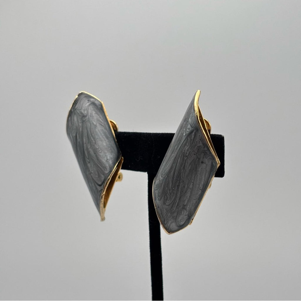 Vintage Grey Marbled Resin Geometric Clip-On Statement Earrings Gold Tone