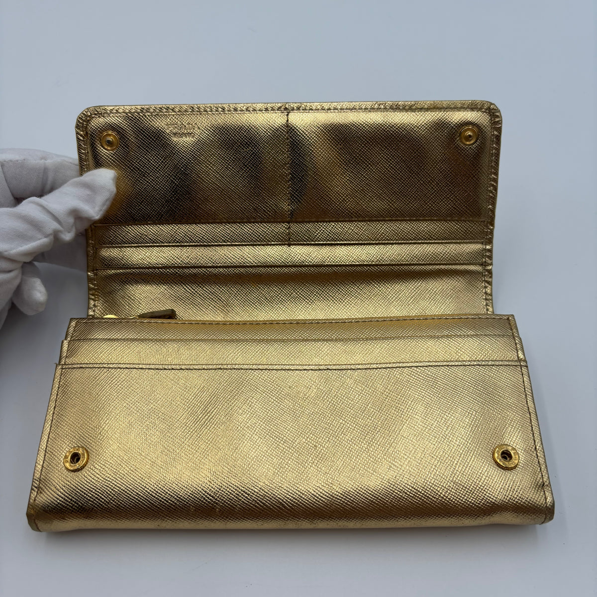 Prada Metallic Gold Saffiano Leather Continental Wallet