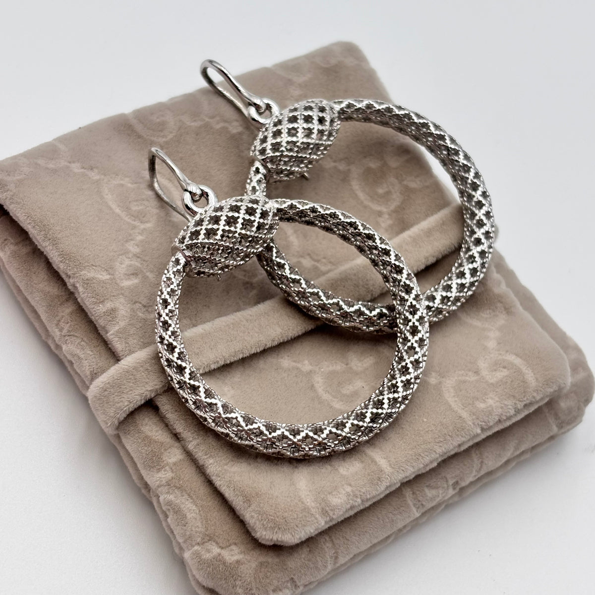 Gucci Sterling Silver Textured Hoop Drop Earrings