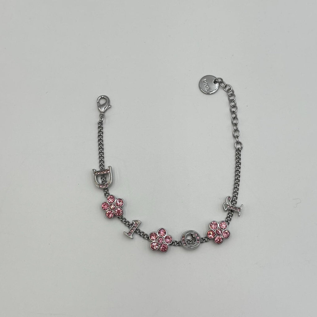 Dior Pink Crystal Floral Logo Charm Chain Bracelet