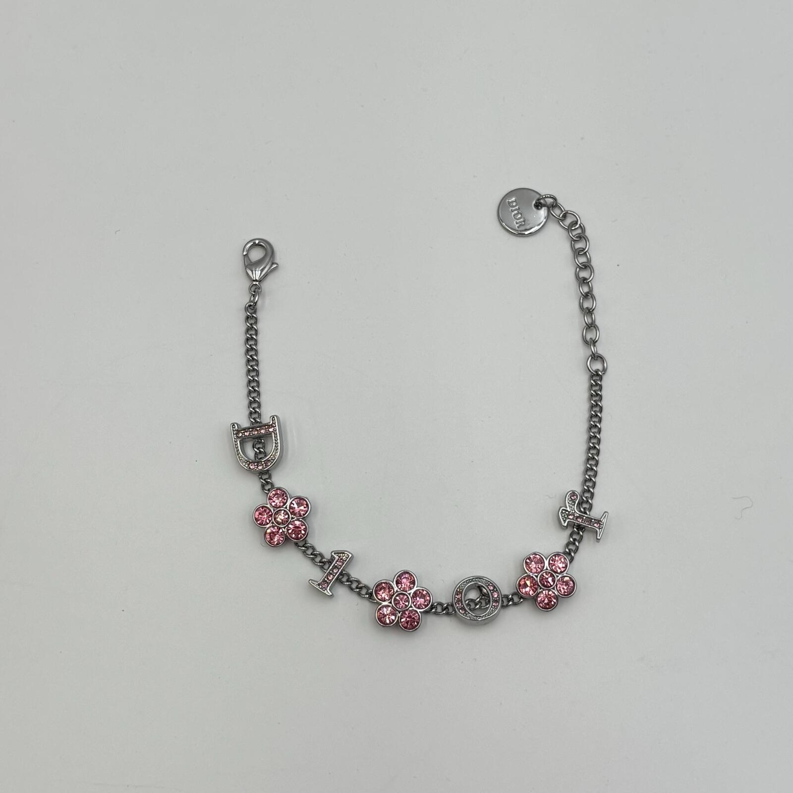 Dior Pink Crystal Floral Logo Charm Chain Bracelet