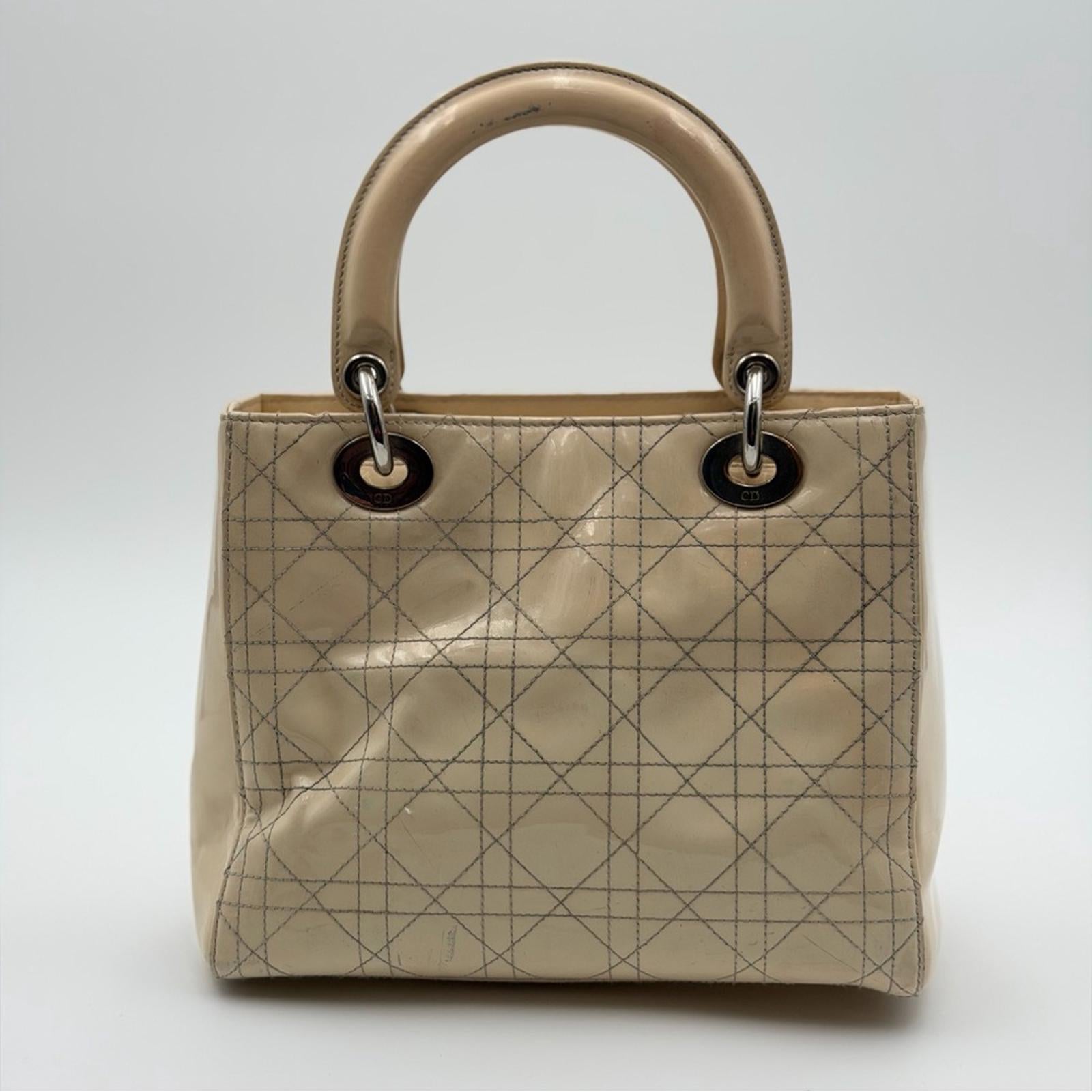 CHRISTIAN DIOR LADY DIOR PATENT LEATHER BAG BEIGE / NUDE SILVER HARDWARE